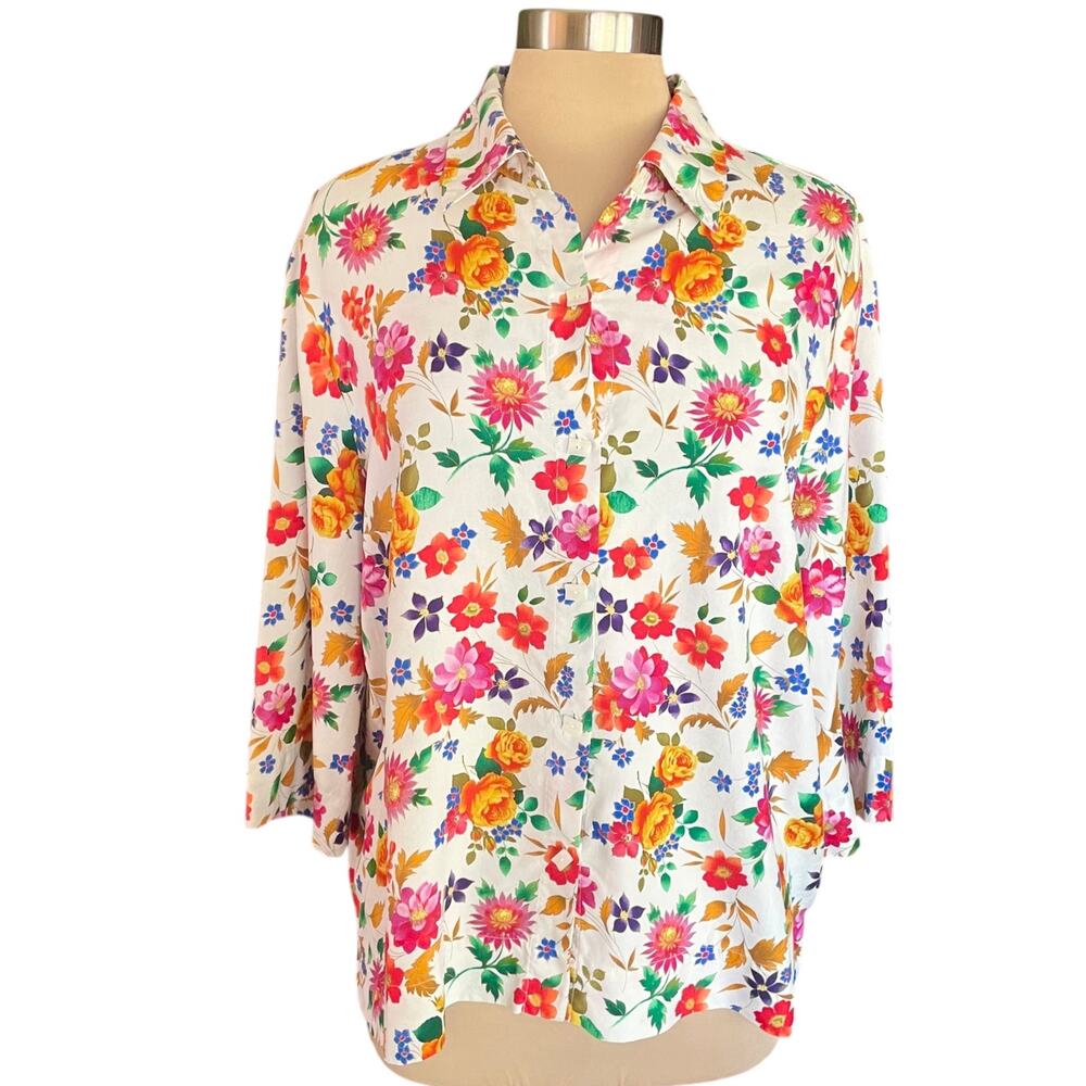 Josephine Chause Sports Bright Bold Floral Silk Button Down Shirt Size LARGE
